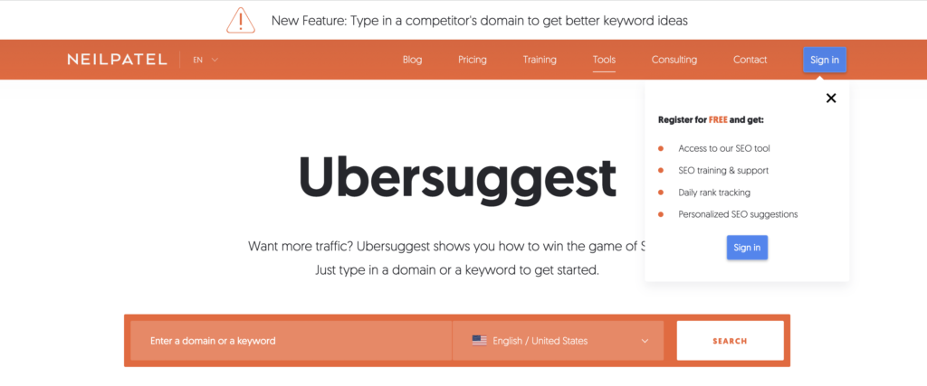 ubersuggest - free keyword tool