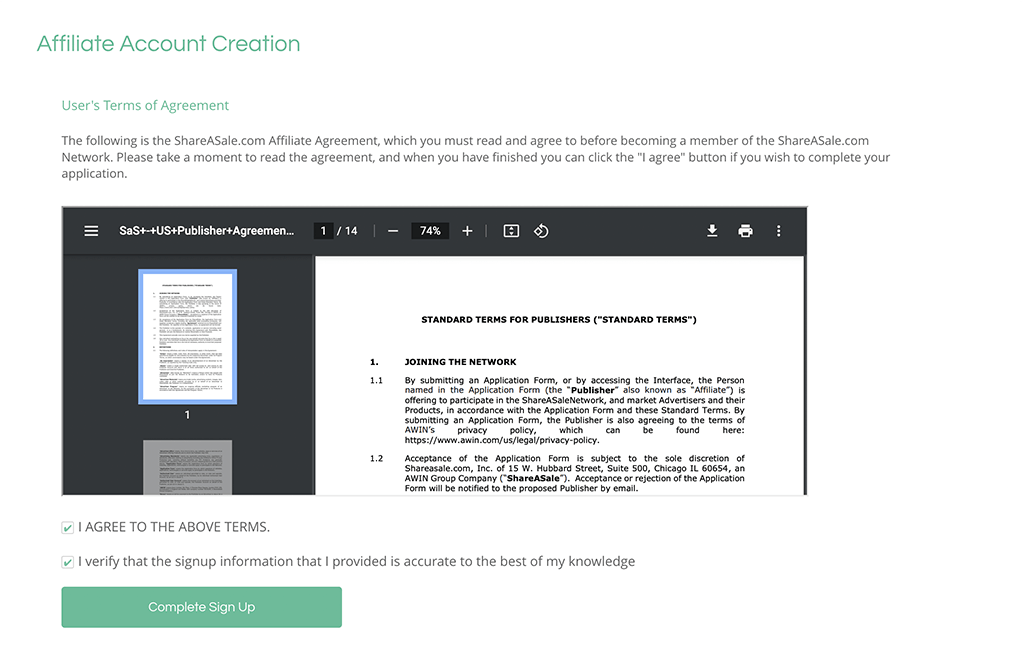 ShareASale signup - terms and conditions