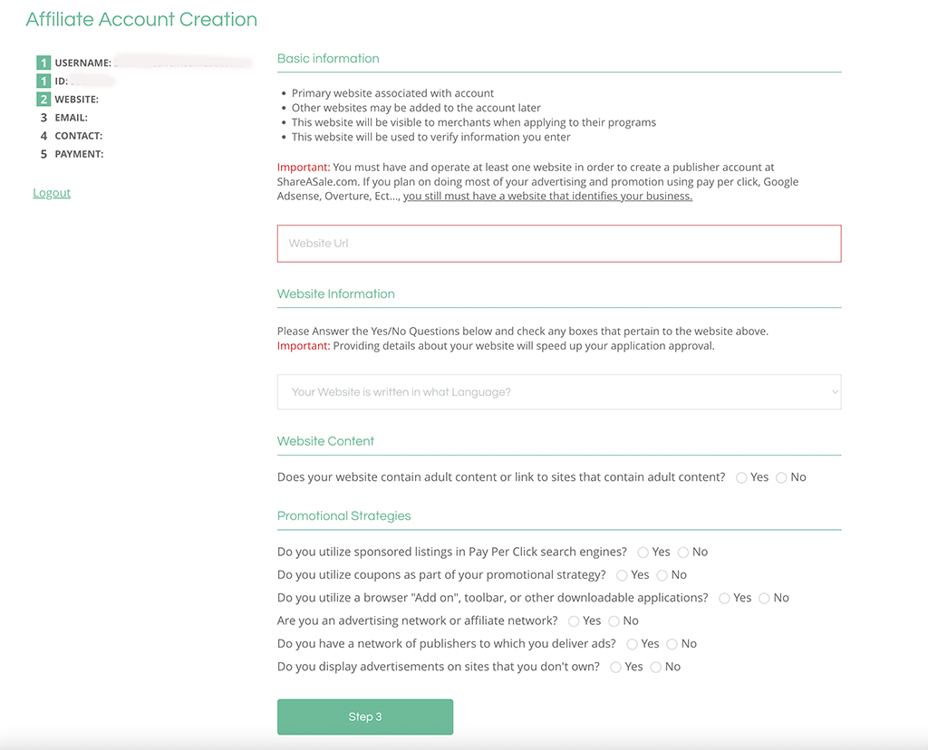 ShareASale signup - website details