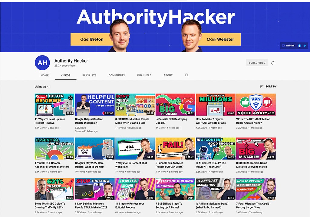 Authority Hacker youtube profile