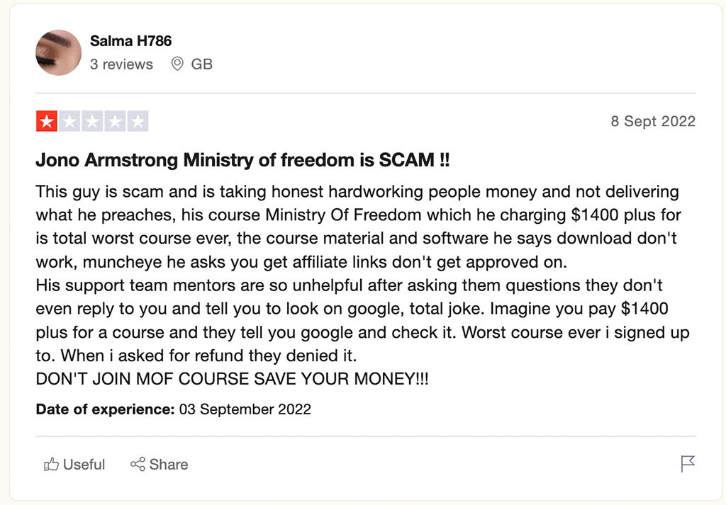 Ministry of Freedom Review - Jono is a scam comment 2
